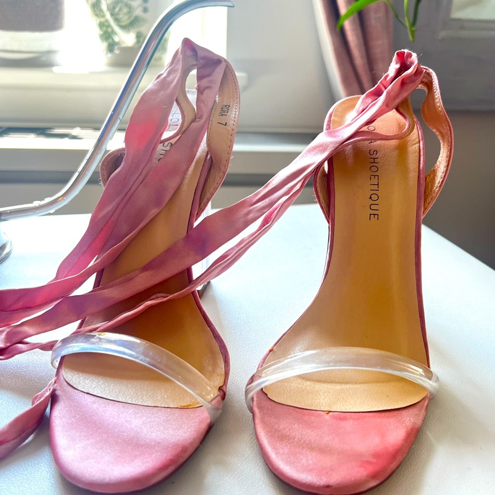MISS LOLA soft baby pink heels with strips to wrap around.